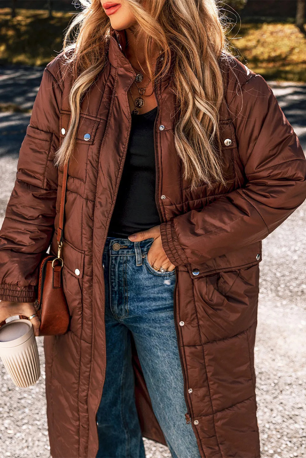 Stylish Pocketed Bubble Texture Long Sleeve Longline Winter Coat for Women - Warm & Fashionable Outerwear for Cold Weather, Snow Days & Winter Travel