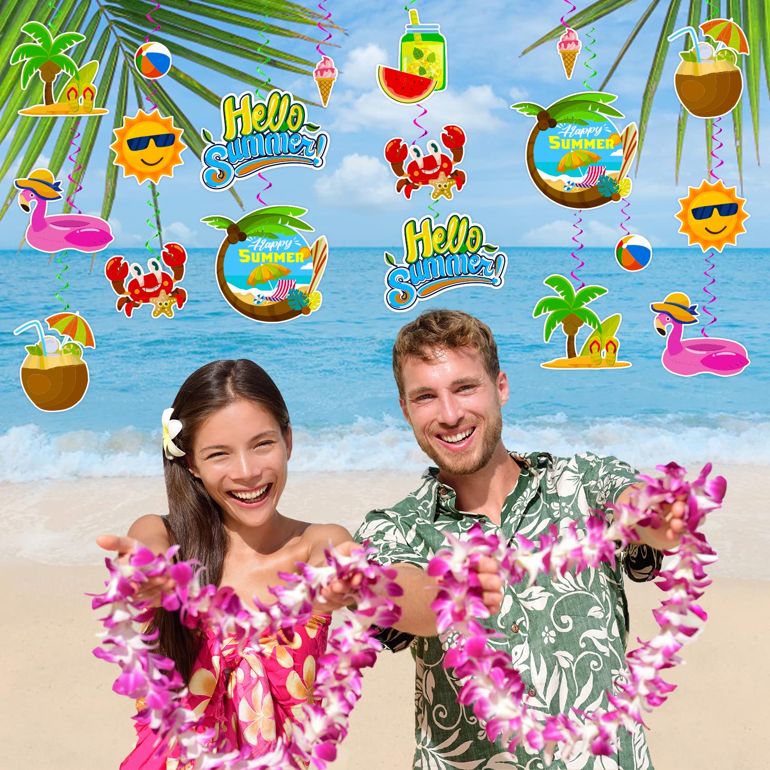 40 Pcs Summer Party Decorations - No-DIY Hanging Streamers & Glitter Foil Ceiling Swirls for Summer Parties, Beach Events, and Outdoor Celebrations