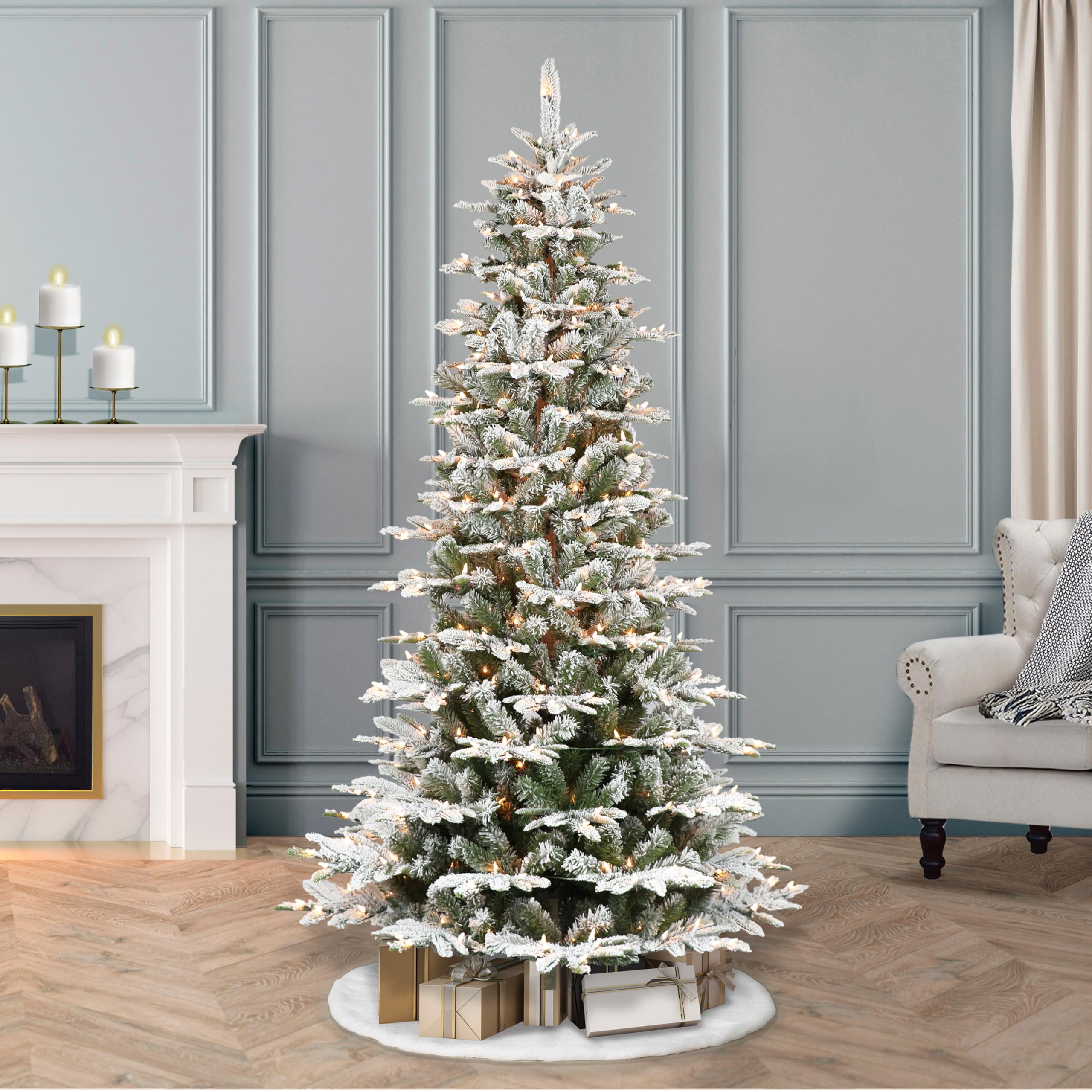 Puleo International 7.5ft Pre-Lit Slim Flocked Artificial Christmas Tree - 450 Clear Lights for Holiday Decor | Perfect for Small Spaces & Cozy Home Decor