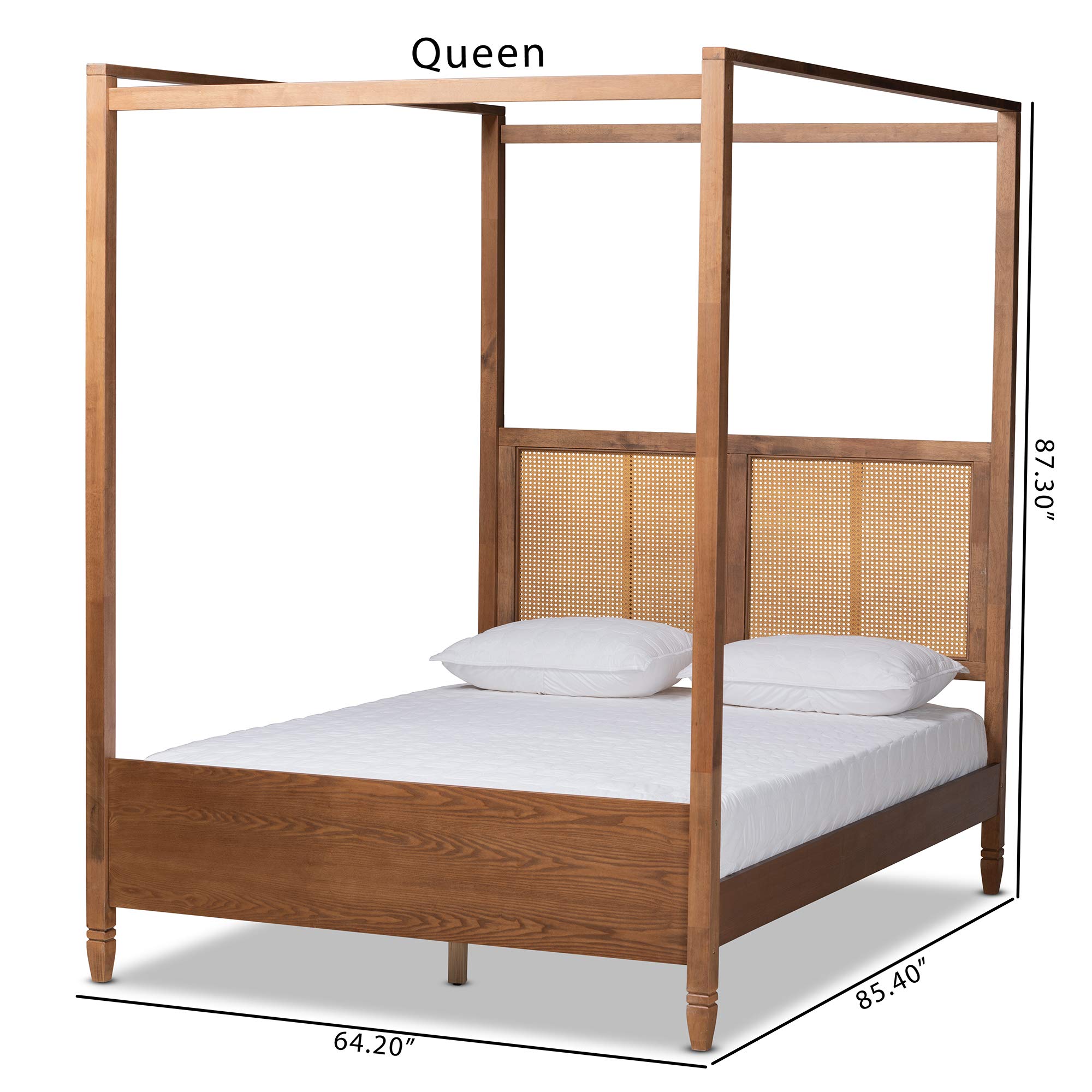 Baxton Studio Malia Modern Queen Size Canopy Bed - Walnut Brown Wood & Rattan Design for Bedroom Decor | Perfect for Contemporary Master Bedrooms and Guest Rooms