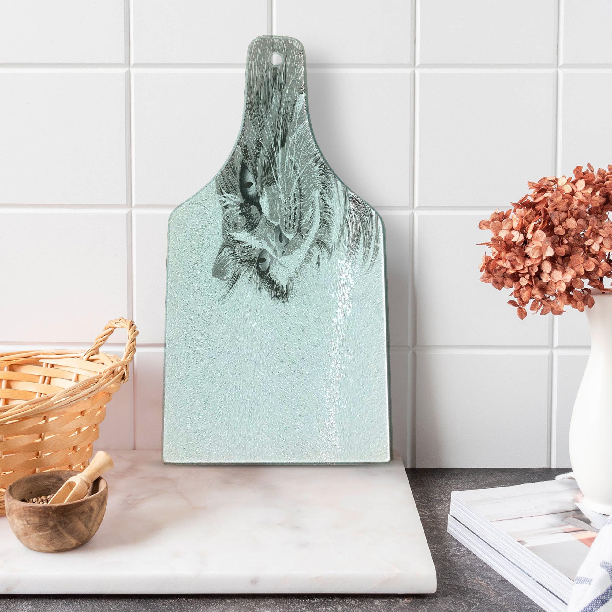 Ambesonne Cat Portrait Tempered Glass Cutting Board - Grey White Wine Bottle Shape - Decorative Serving Board for Kitchen, Cheese, Charcuterie & Party Platters - Perfect Gift for Cat Lovers & Home Decor