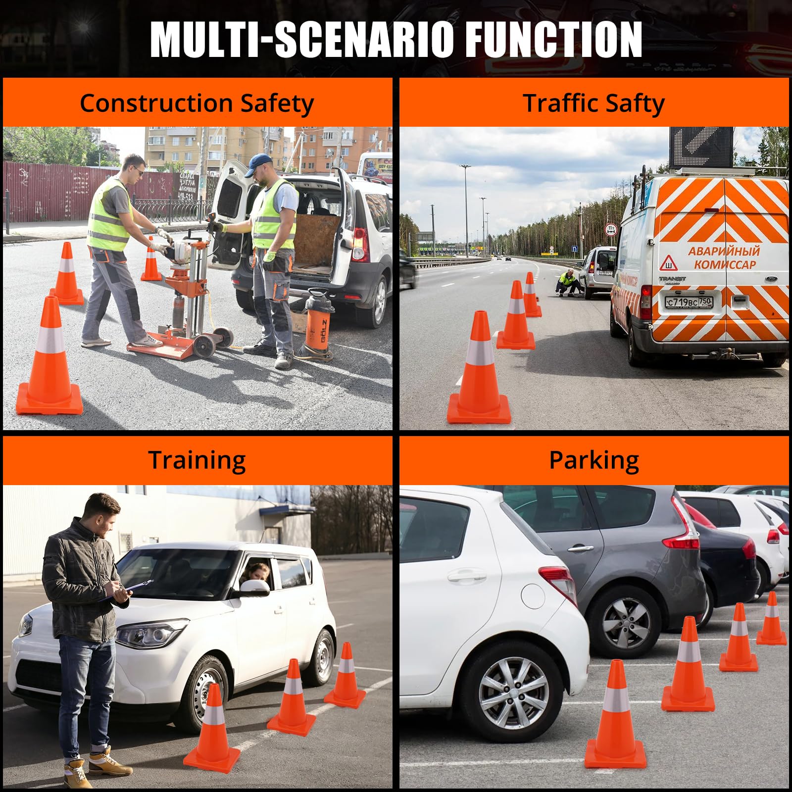 18 Inch Orange Safety Cones 20-Pack with Reflective Collar - Heavy Duty PVC Traffic Cones for Parking Lots, Driveways & Road Construction | Perfect for Traffic Control, Work Zones & Safety Barriers