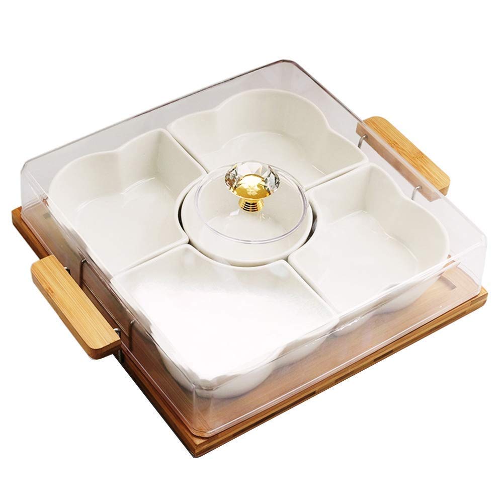 XLAHD 5-Section Acrylic Snack Serving Tray Set with Lid - Decorative Candle Lanterns & Oil Lamps - Perfect for Parties, Picnics, and Home Decor