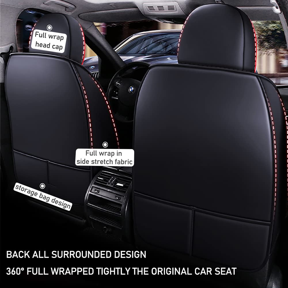 Premium Universal Fit PU Leather Seat Covers for KIA Sorento Hybrid 2021-2025 - Full Set with Headrest & Back Pillow (Black & Red Stitching) - Durable Car Interior Protection for Daily Commute & Road Trips