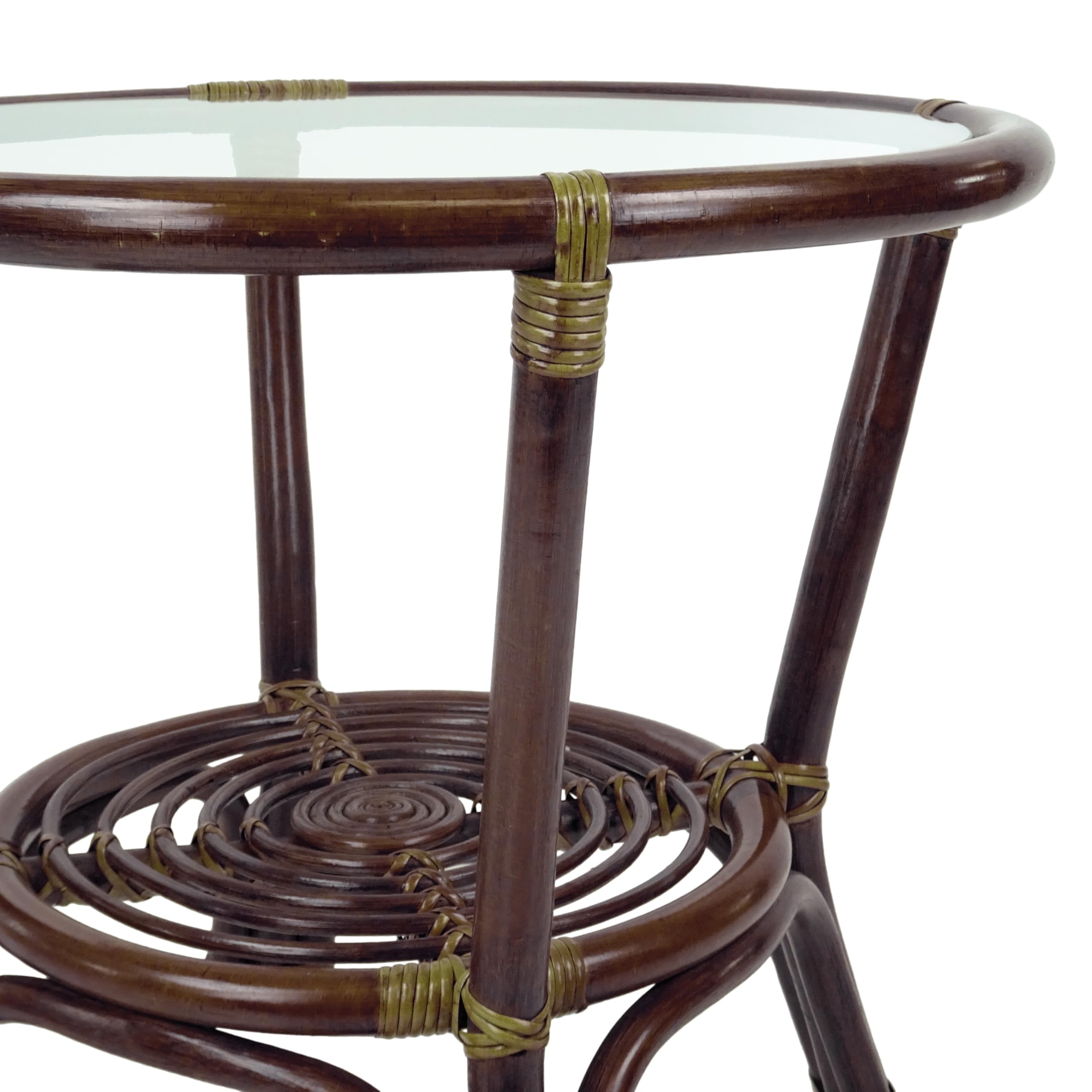 Dark Brown Leo Rattan Wicker Round Accent Coffee Table with Tempered Glass Top - Perfect for Living Room, Patio, or Balcony Decor