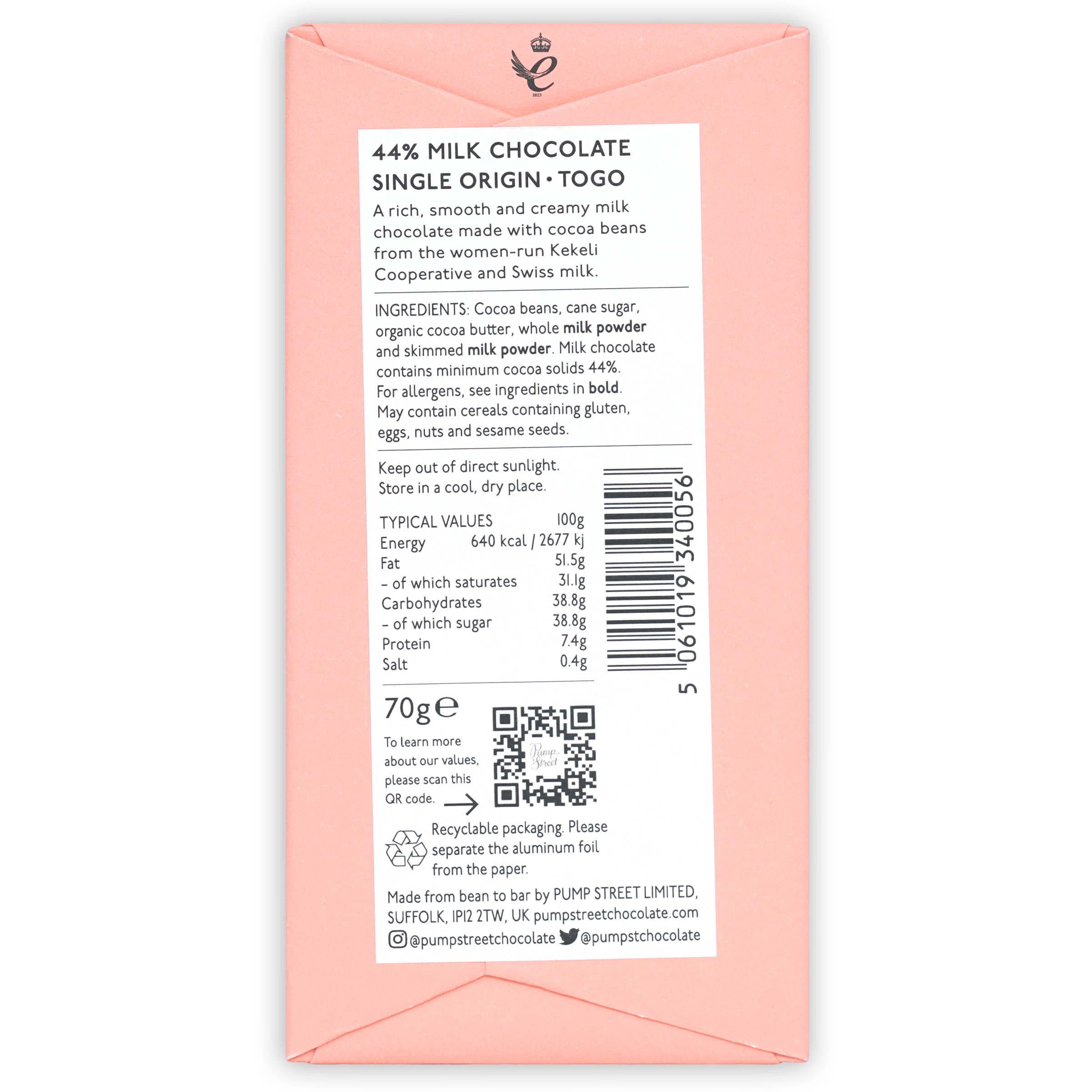 Pump Street Togo Swiss Milk Chocolate Bar 44% Cocoa - Premium Swiss Milk Chocolate for Baking, Gifting & Dessert Making