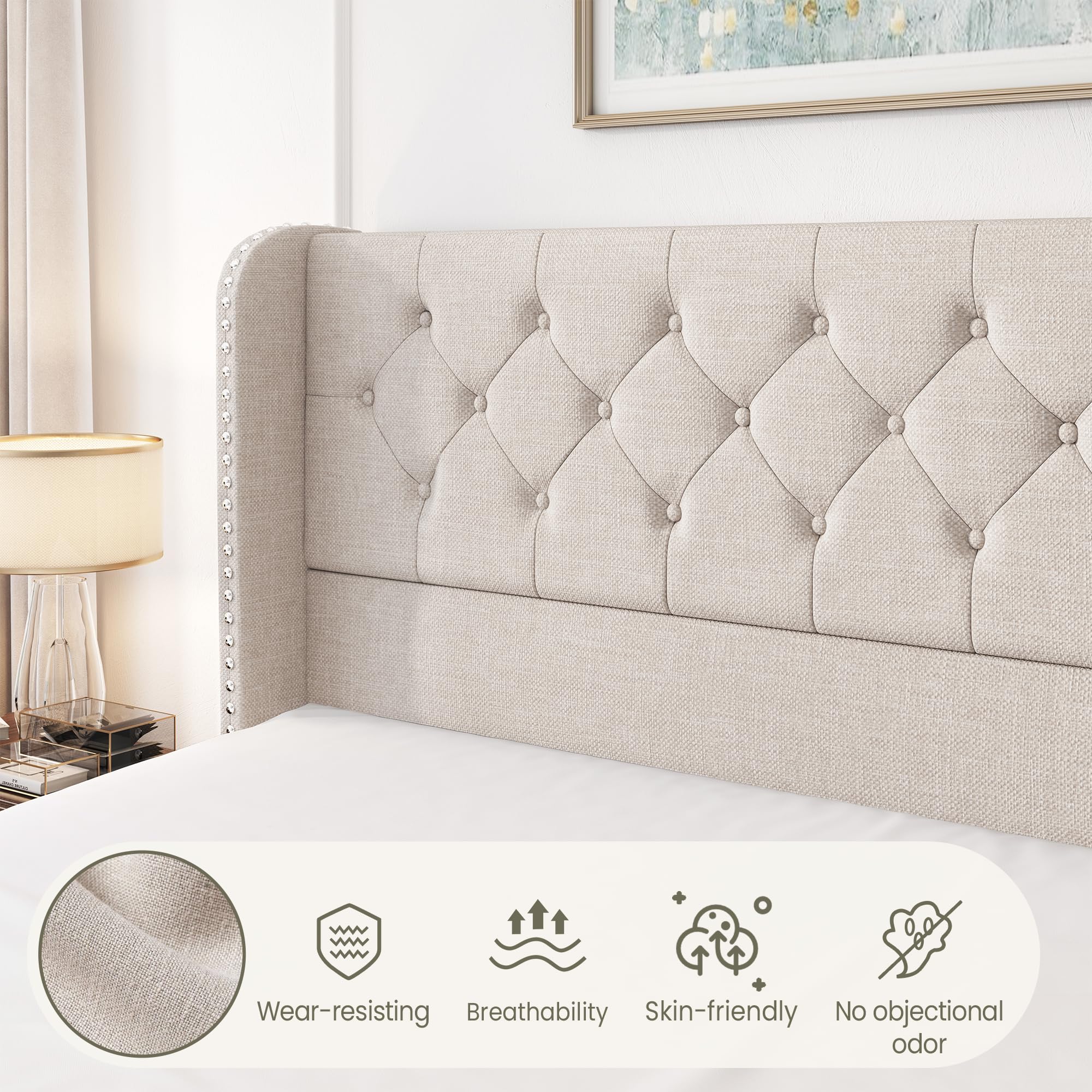 King Size Bed Frame with 4 Storage Drawers & Tufted Headboard - Linen Upholstered Platform Bed with Wooden Slats Support - Easy Assembly Wingback Bed in Beige - Perfect for Master Bedroom, Guest Room & Small Space Storage Solutions