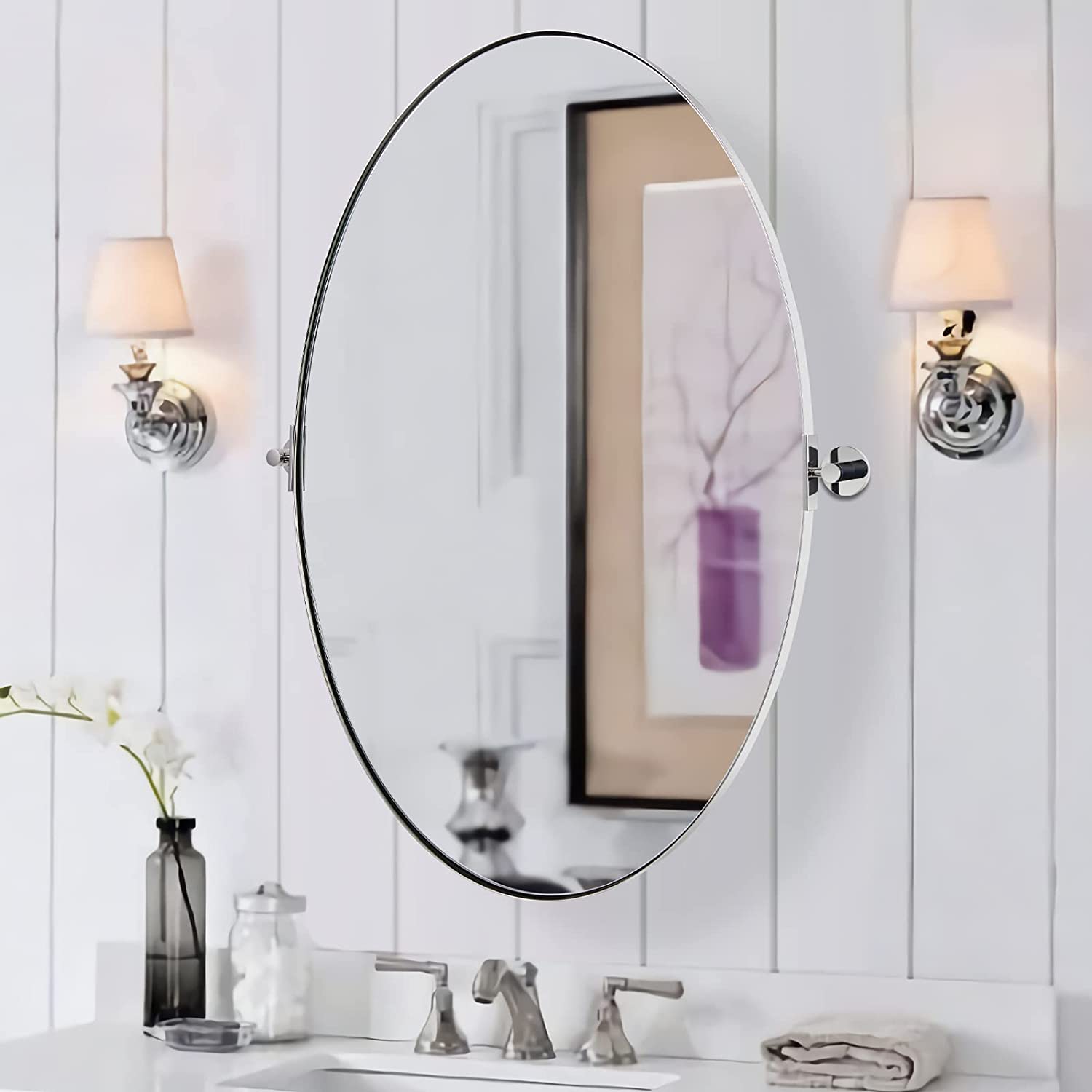 Adjustable Tilting Oval Pivot Mirror with Stainless Steel Frame for Bathroom Vanity | Perfect for Makeup, Shaving & Home Decor