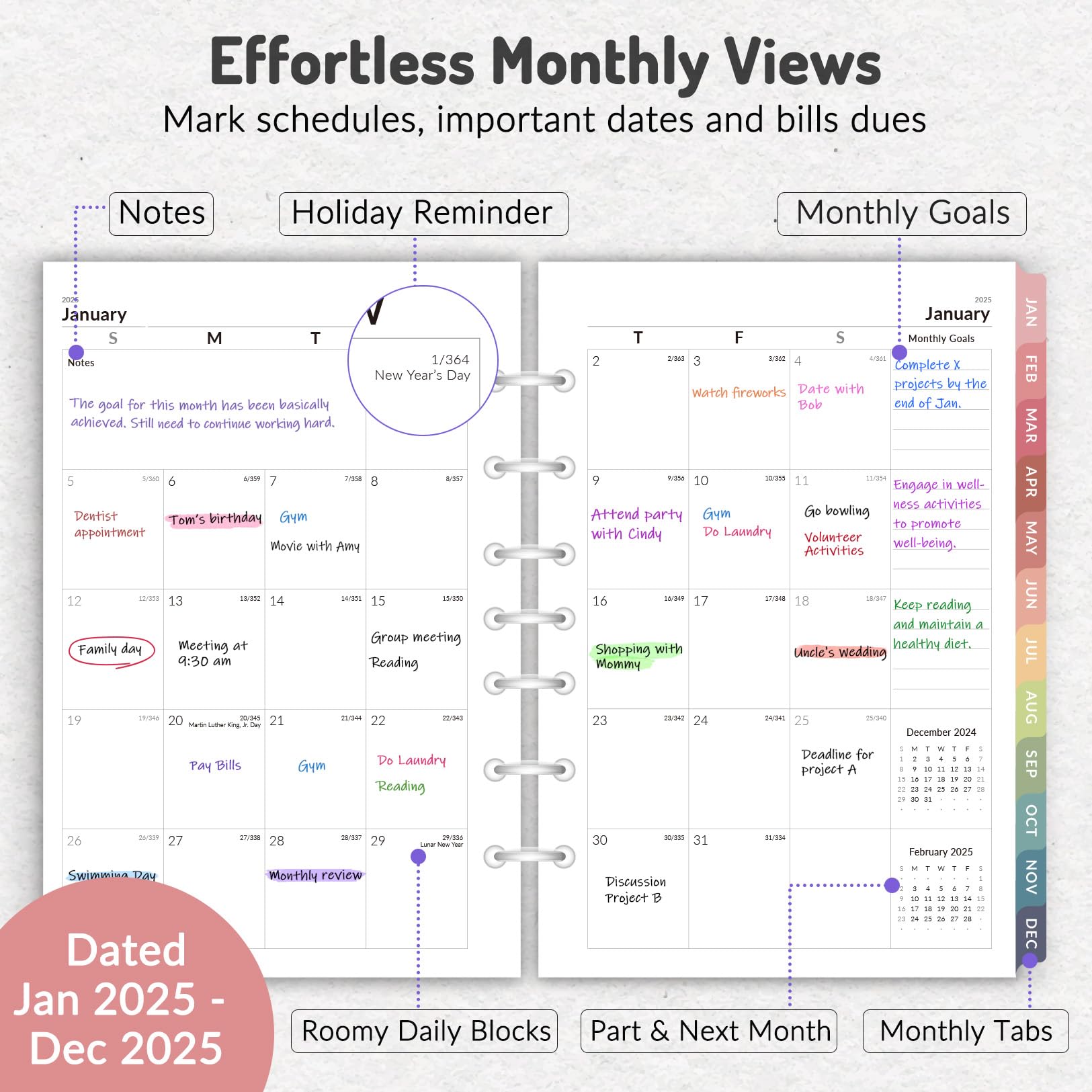 2025 Weekly & Monthly Planner Refill Inserts - 7-Hole Punched Calendar Pages (Jan-Dec 2025) with Index Tabs - 5.5