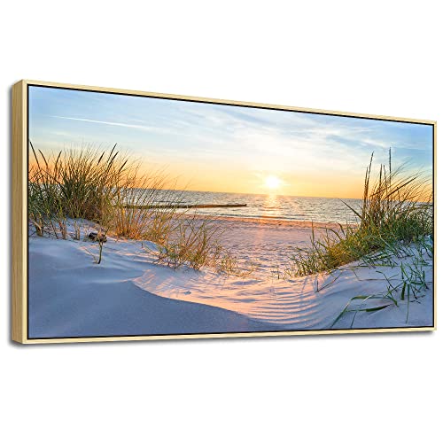 Blue Sun Beach Grass Ocean Landscape（Natural Wood Framed）