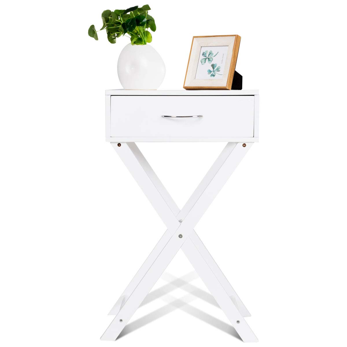 Giantex White X-Shaped Nightstand with Drawer - Modern Accent End Table for Bedroom, Living Room & Sofa Side | Compact Storage Solution for Small Spaces, Apartment Essentials & Home Decor