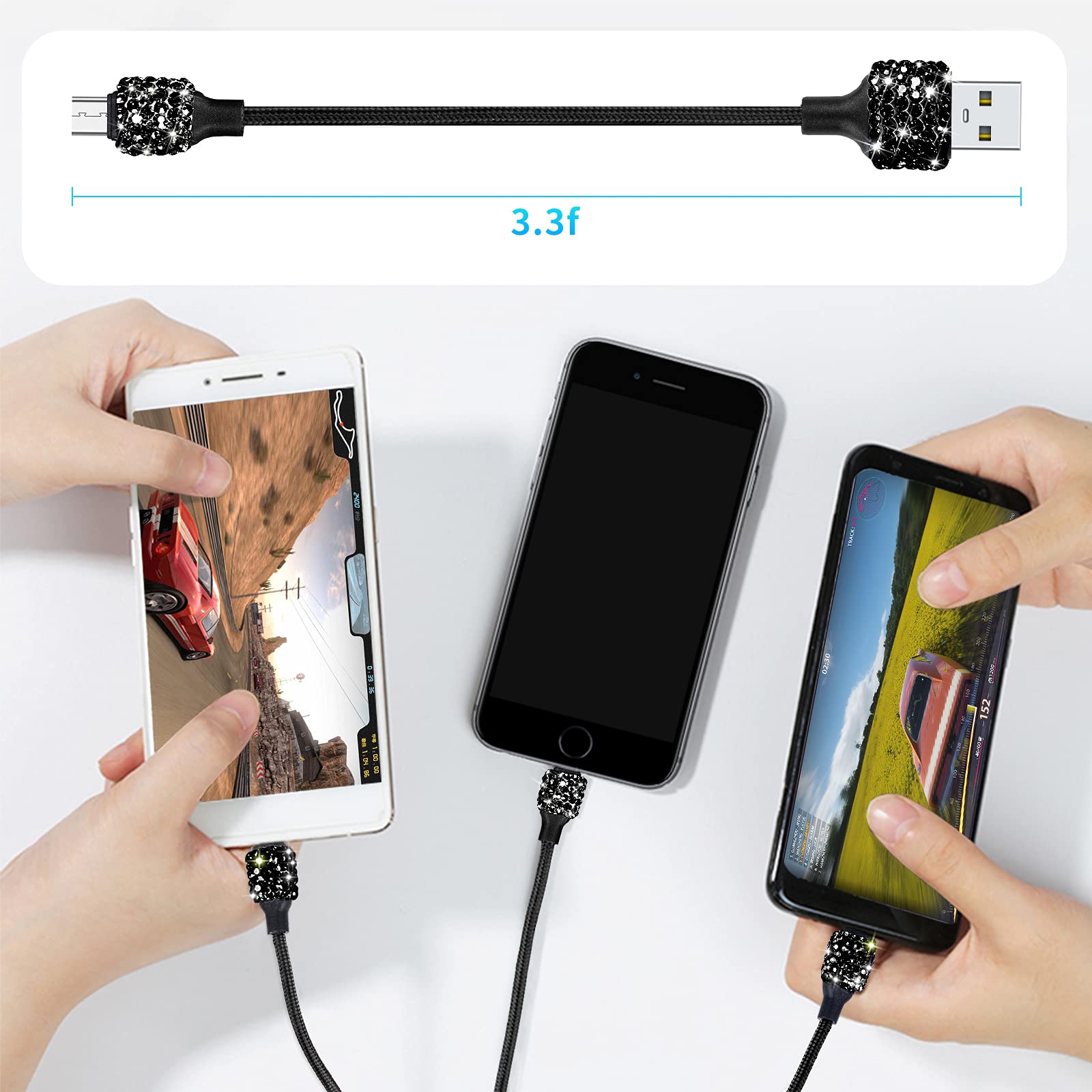 3-Pack 3.3FT Micro USB Charger Cable Fast Charging for Samsung Galaxy S7/S6 Edge/J7/S5/Note 5/4, LG K40/K20, MP3 Players, Kindle, Tablets - Durable Android Charging Cord with Bling Design - Perfect for Home, Office & Travel Use