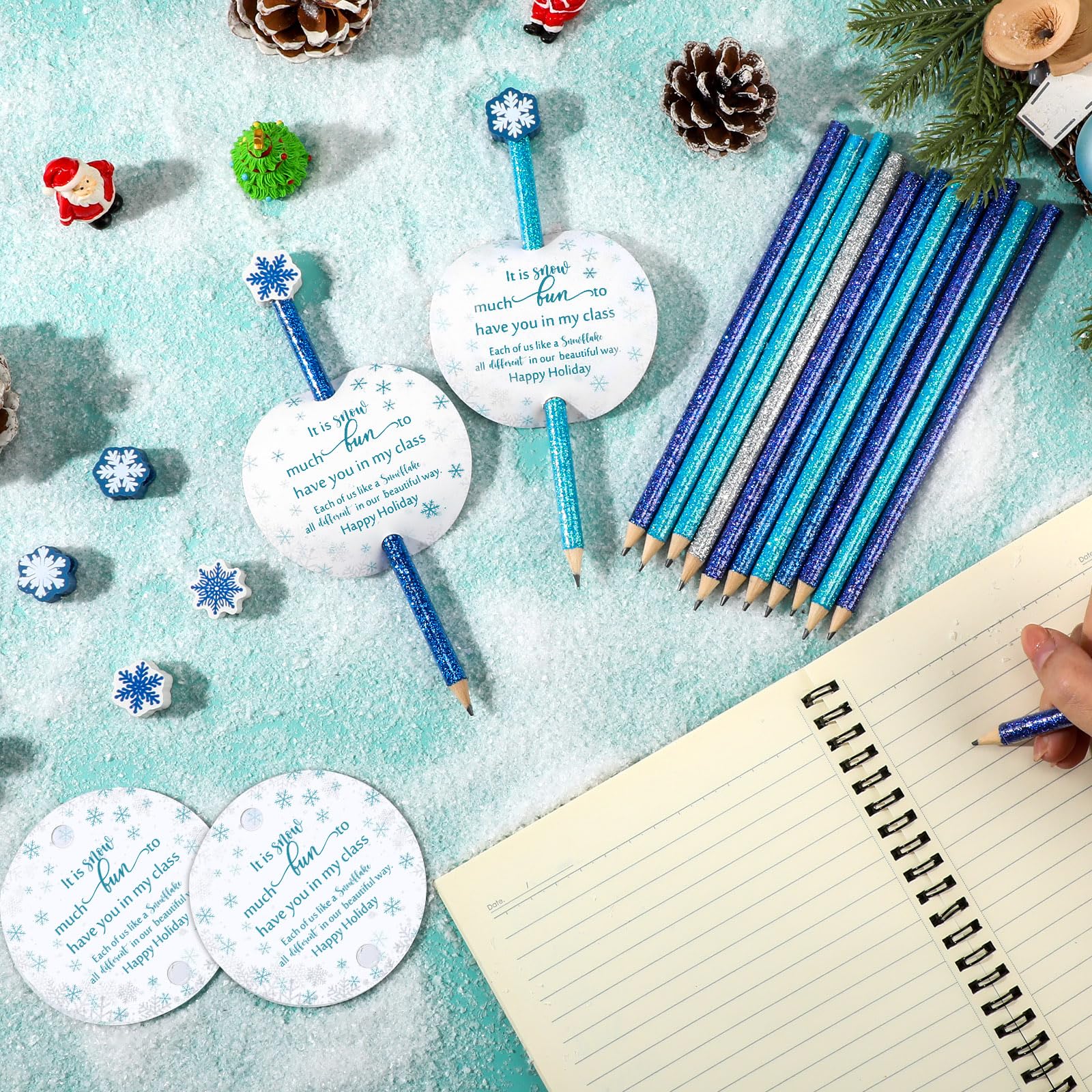 Jetec 20 Sets Christmas Glitter Pencils with Snowflake Eraser Toppers & Snowflake Cards - Fun Holiday Pencils for Students, Teachers, Classroom Party & Winter Gift Exchange - Perfect for School Rewards, Christmas Crafts & Festive Writing