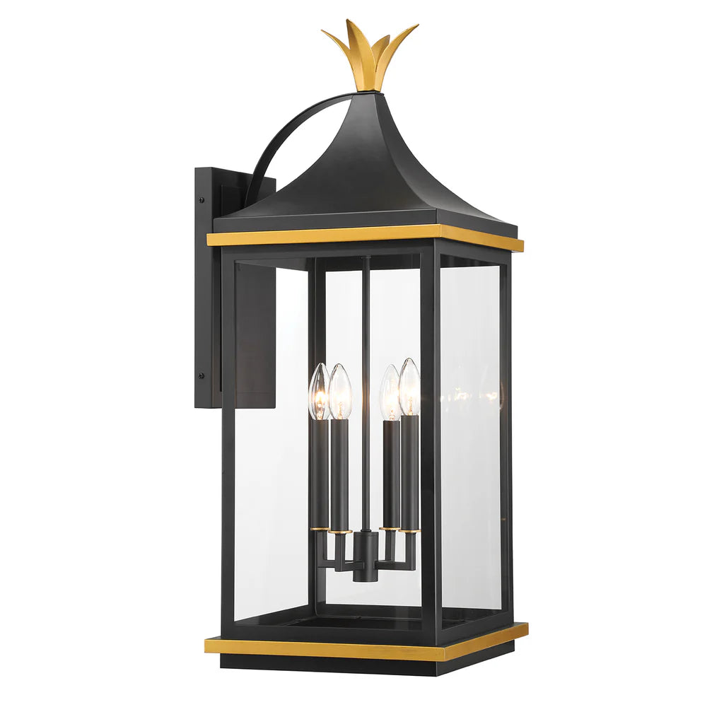 Simpson 4-Light Outdoor Wall Sconce - 12.25x31.5 Inch Matte Black Stainless Steel & Glass Fixture with Textured Gold Finish - 120V 4 E12 Candelabra Base LED Bulb Sockets - Perfect for Patio, Garden, Porch, Exterior Walls & Entryway Lighting
