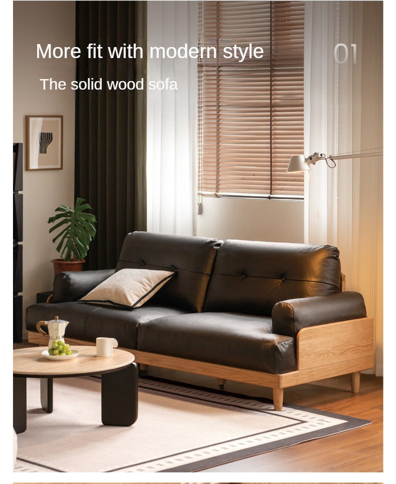 Premium Oak Solid Wood High Back Sofa with Genuine Leather & Fabric Upholstery - Modern Living Room Furniture for Home & Office Comfort