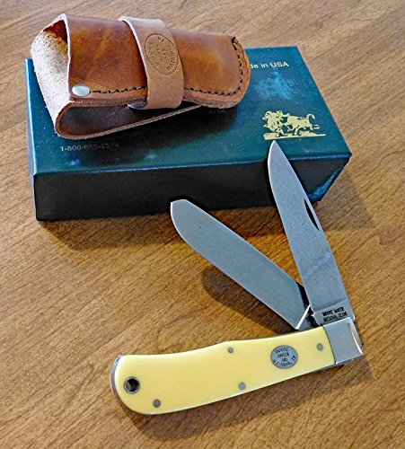 Moore Maker #3206 Yellow Delrin Jumbo Trapper Knife with Leather Sheath - Hunting, Camping & Outdoor Survival Tool