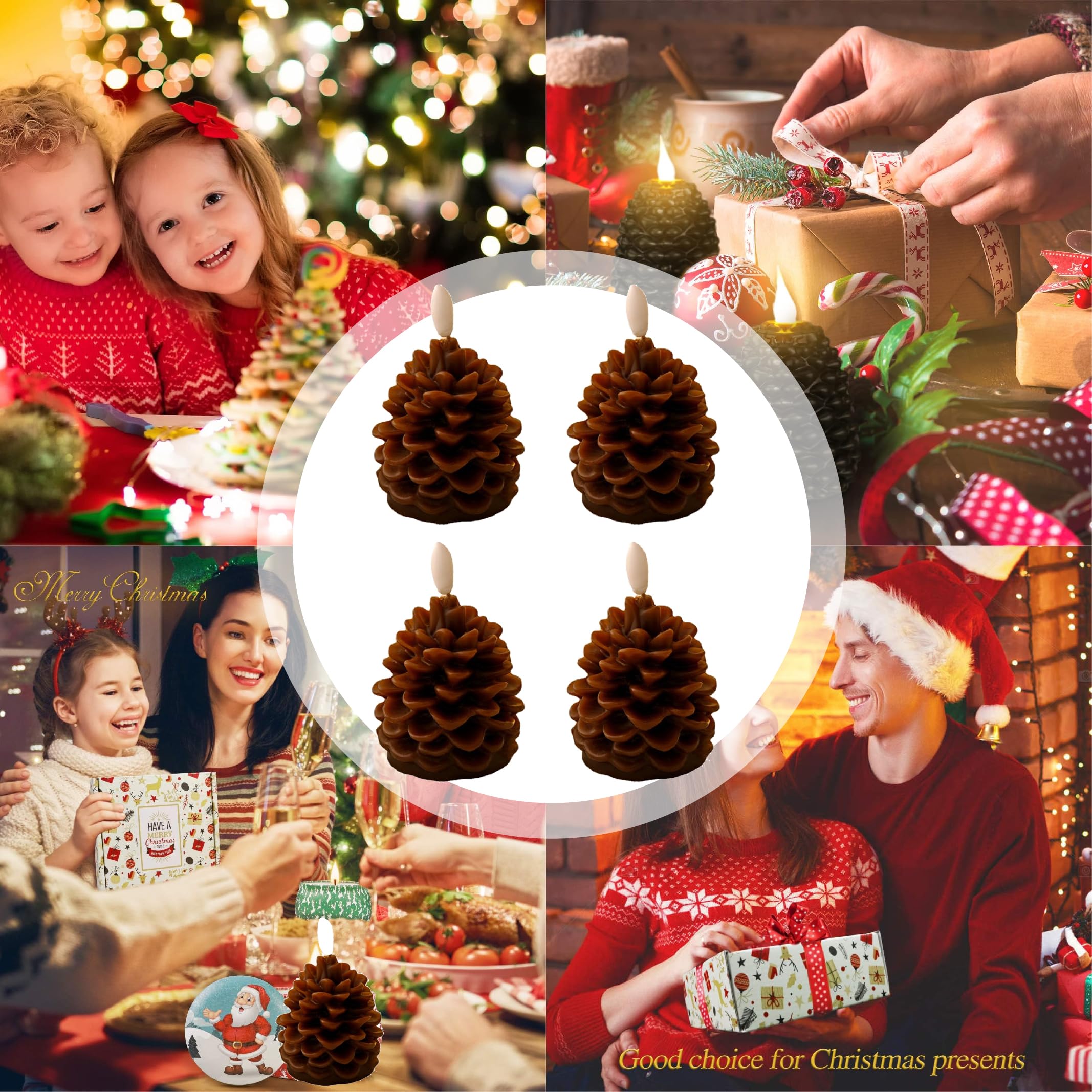 Eowppue Set of 4 Flameless LED Candles with Remote & Timer - Battery Operated Pine Cone Shaped Decorative Lights for Home, Party, Halloween, Christmas Decorations - Perfect for Living Room, Bedroom, Wedding & Holiday Displays