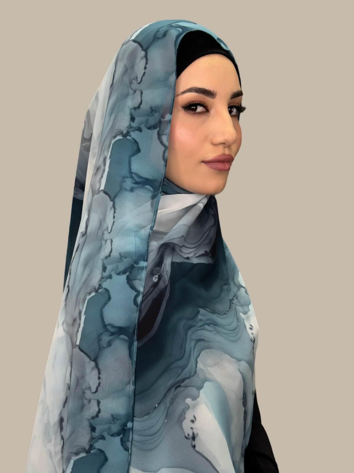 Printed Chiffon Hijab Scarf - Tidal Teal Color - Lightweight & Breathable for Women - Perfect for Daily Wear, Prayer, and Special Occasions