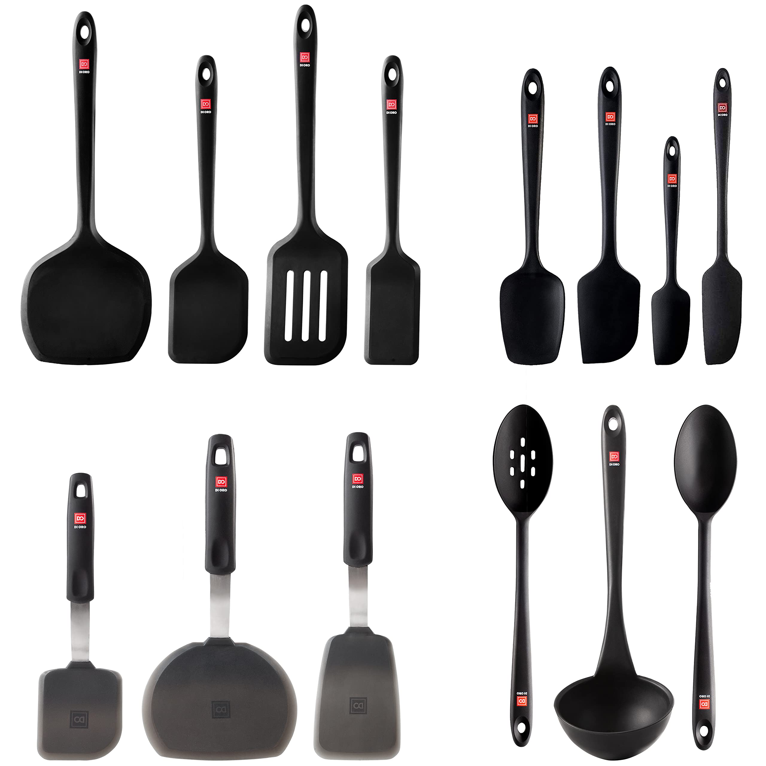 DI ORO 14-Piece Silicone Kitchen Utensil Set - Heat-Resistant up to 600°F, Nonstick & BPA-Free Cooking Tools - Includes Spatulas, Spoons & Ladle - Safe for Nonstick Cookware - Perfect for Baking, Frying & Everyday Cooking (Black)