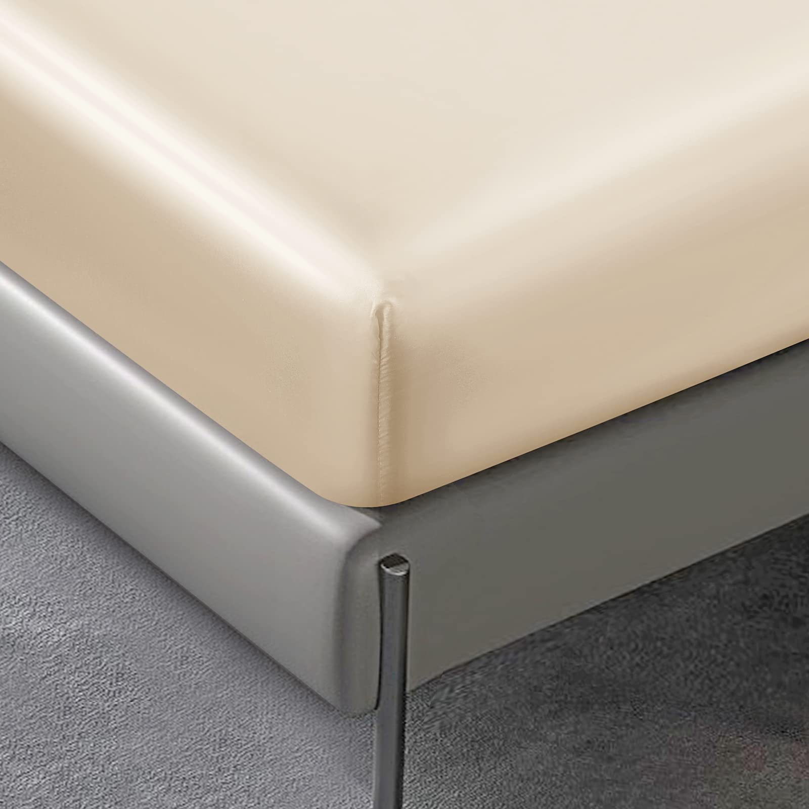 Luxury 4-Piece Satin Sheet Set Queen Size - 1 Fitted Sheet, 1 Flat Sheet & 2 Pillowcases - Cooling Silky Soft Satin Bedding in Khaki | Perfect for Hot Sleepers, Master Bedroom Upgrade & Hotel-Style Comfort