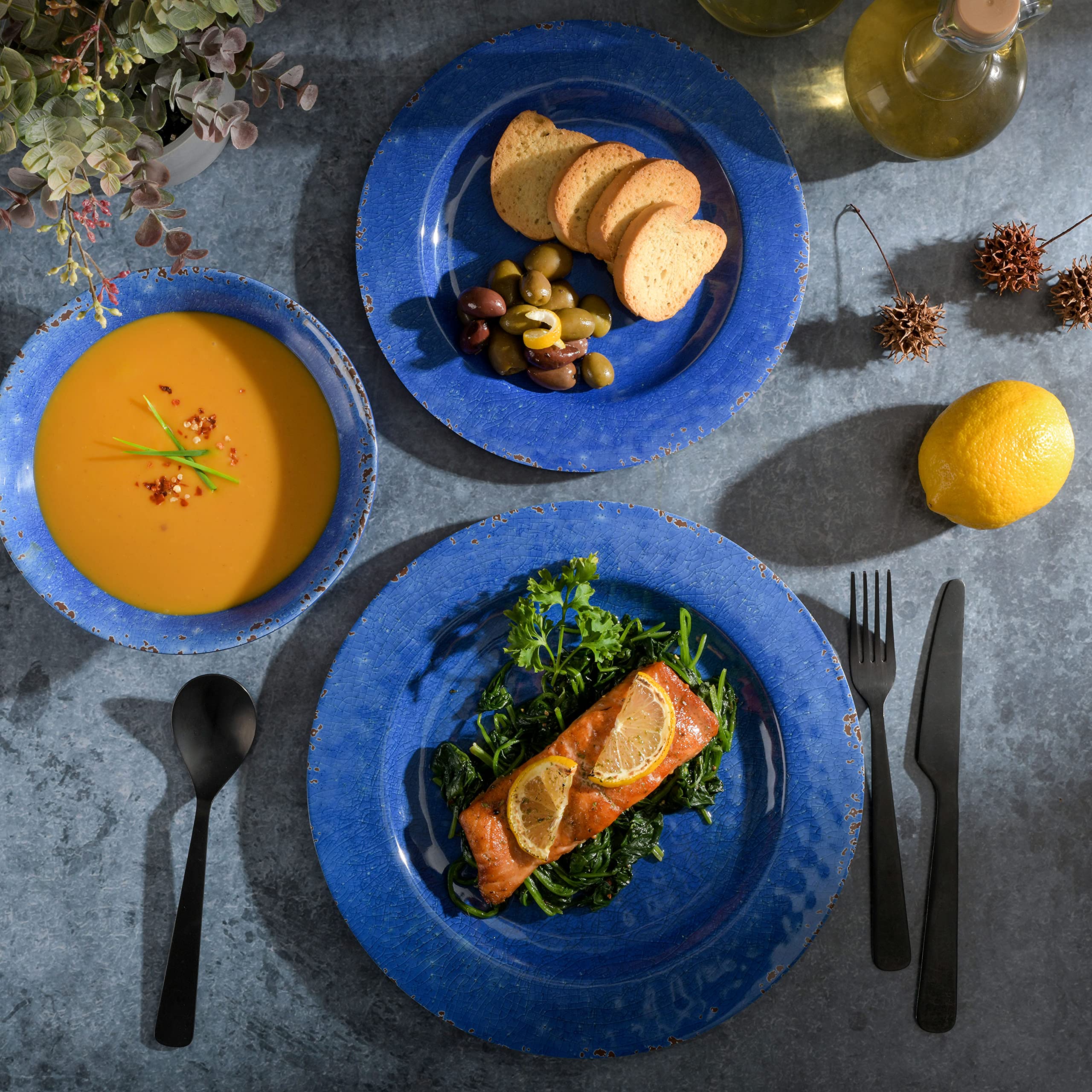 Gibson Home Mauna Melamine Dinnerware Set for 4 - 12-Piece Shatterproof Plates & Bowls in Cobalt Rustic - Perfect for Outdoor Dining, Picnics, and Camping