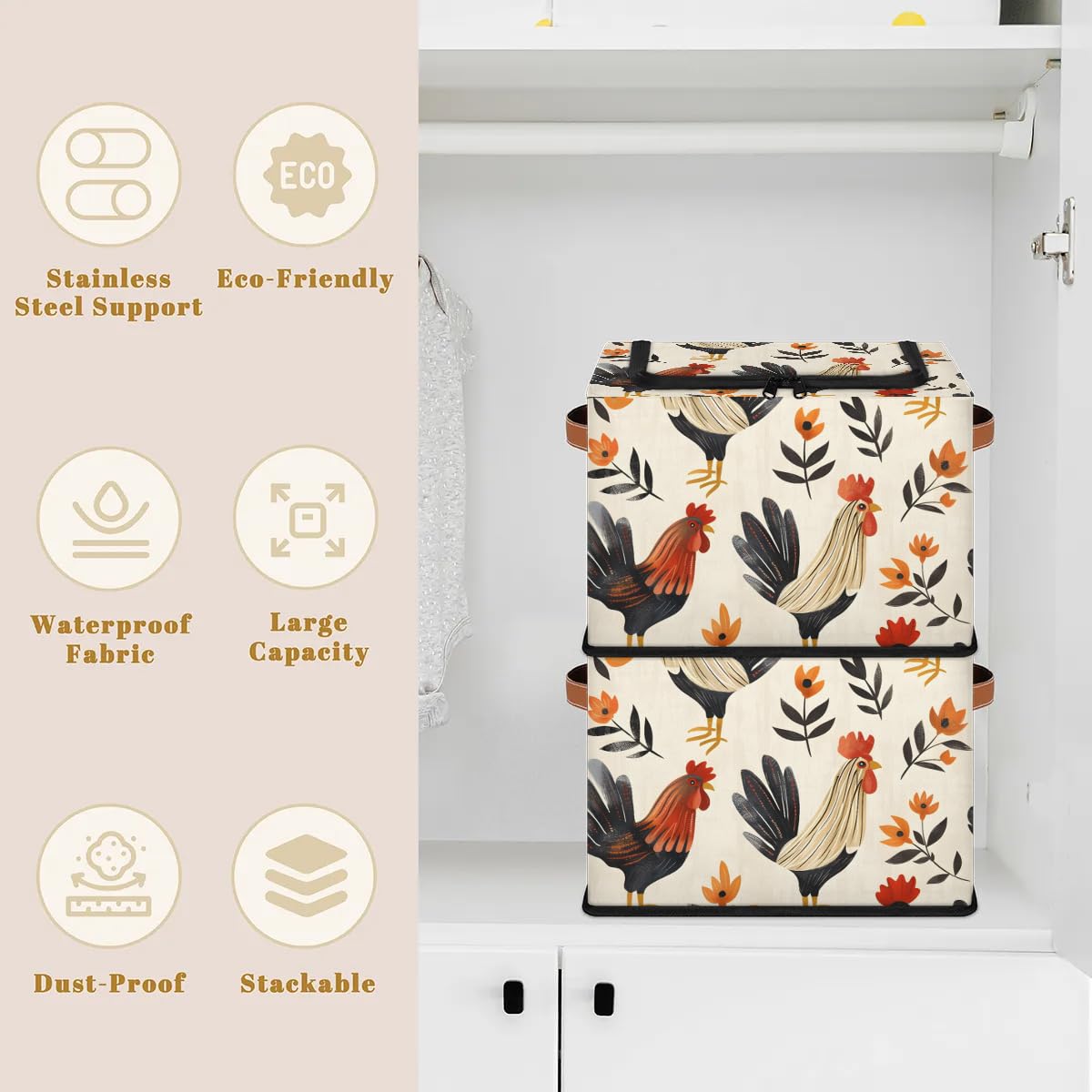 2-Pack Stackable Flower Print Chicken Storage Bins with Zipper Lid & Metal Frame - PU Handled Closet Organizer Cubes for Clothes, Toys & Home Organization | Perfect for Bedroom, Nursery & Dorm Storage Solutions