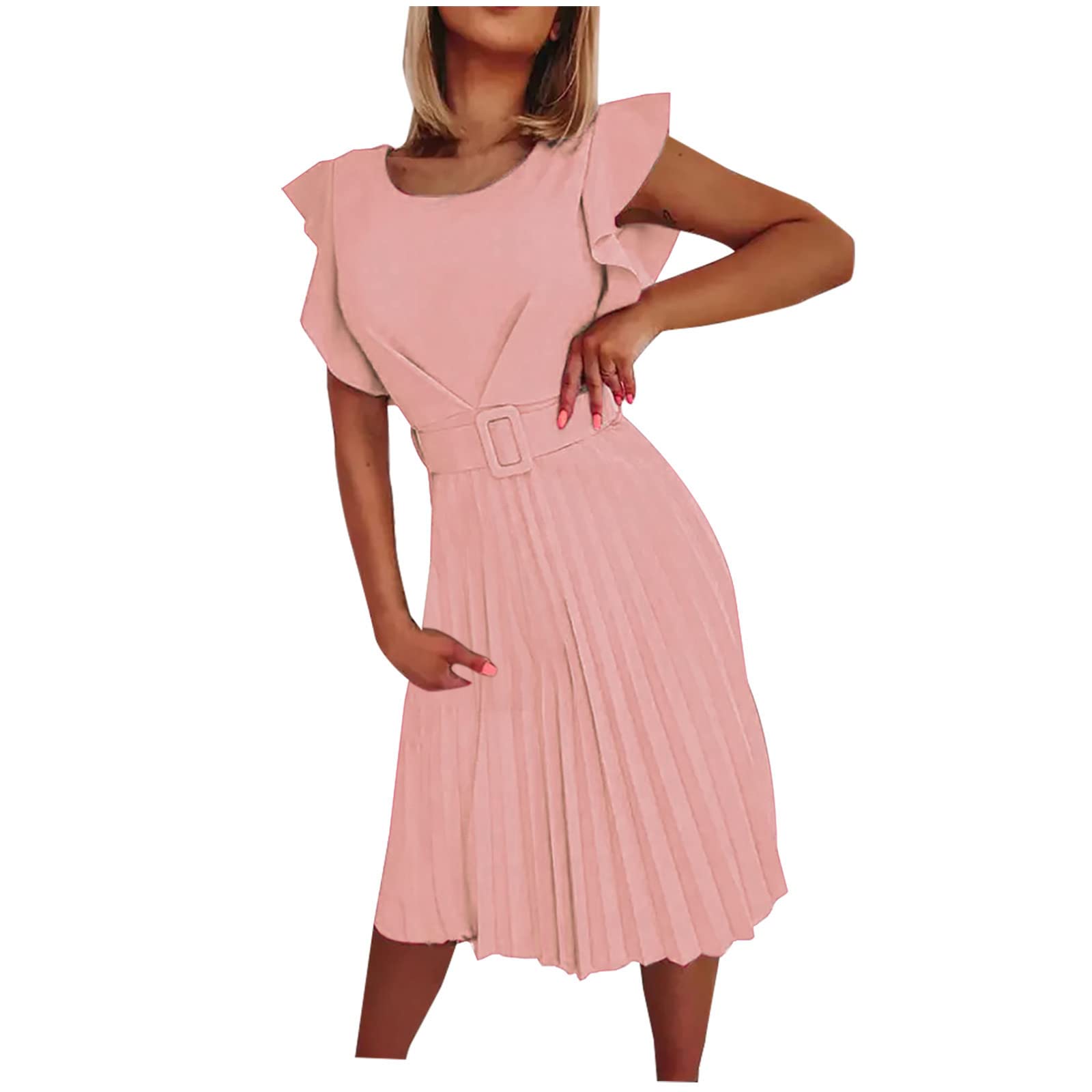 Women's Floral Print Ruffle Sleeve Pleated Midi Dress with Belt - Elegant Summer Swing Dress for Beach, Holiday & Casual Wear (Beige)