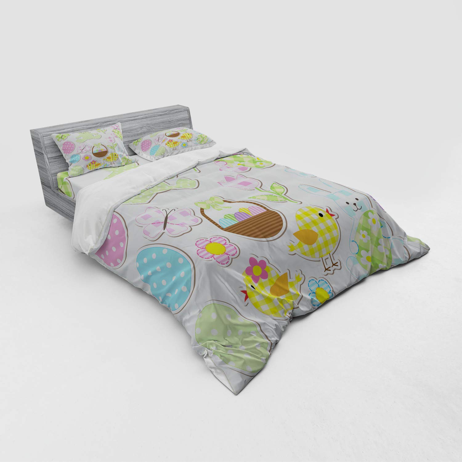 Ambesonne Easter Duvet Cover Set - Pastel Bunnies & Chicks with Giant Eggs Design | 3-Piece Queen Size Bedding Set with Sham & Fitted Sheet | Perfect for Spring Decor, Holiday Bedroom Makeover & Easter Gift