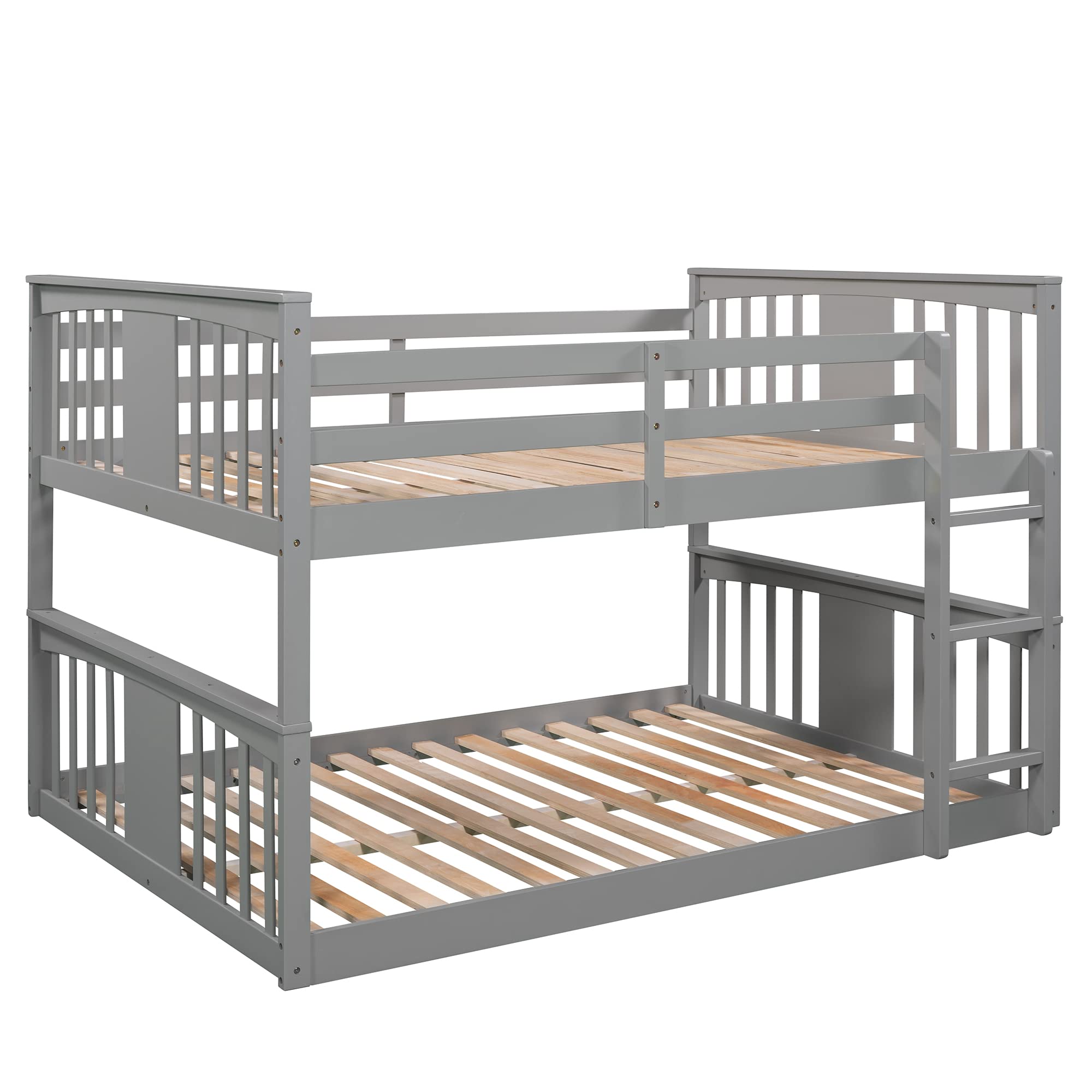 Harper & Bright Designs Wooden Full Over Full Low Bunk Bed with Ladder - Sturdy Floor Bunk Bed Frame for Kids & Toddlers, No Box Spring Needed, Slat Support Included (Grey) - Perfect for Small Bedrooms, Guest Rooms & Space-Saving Kids' Rooms