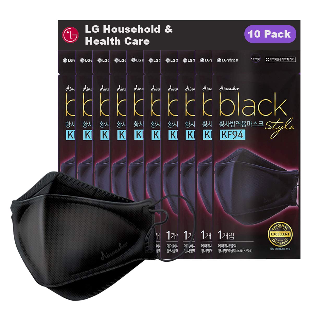 LG Airwasher KF94 Disposable Face Mask 10 Pack - Black Breathable 4-Ply Adjustable Face Masks Made in Korea, Individually Wrapped - Perfect for Daily Use, Travel, and Public Safety Protection