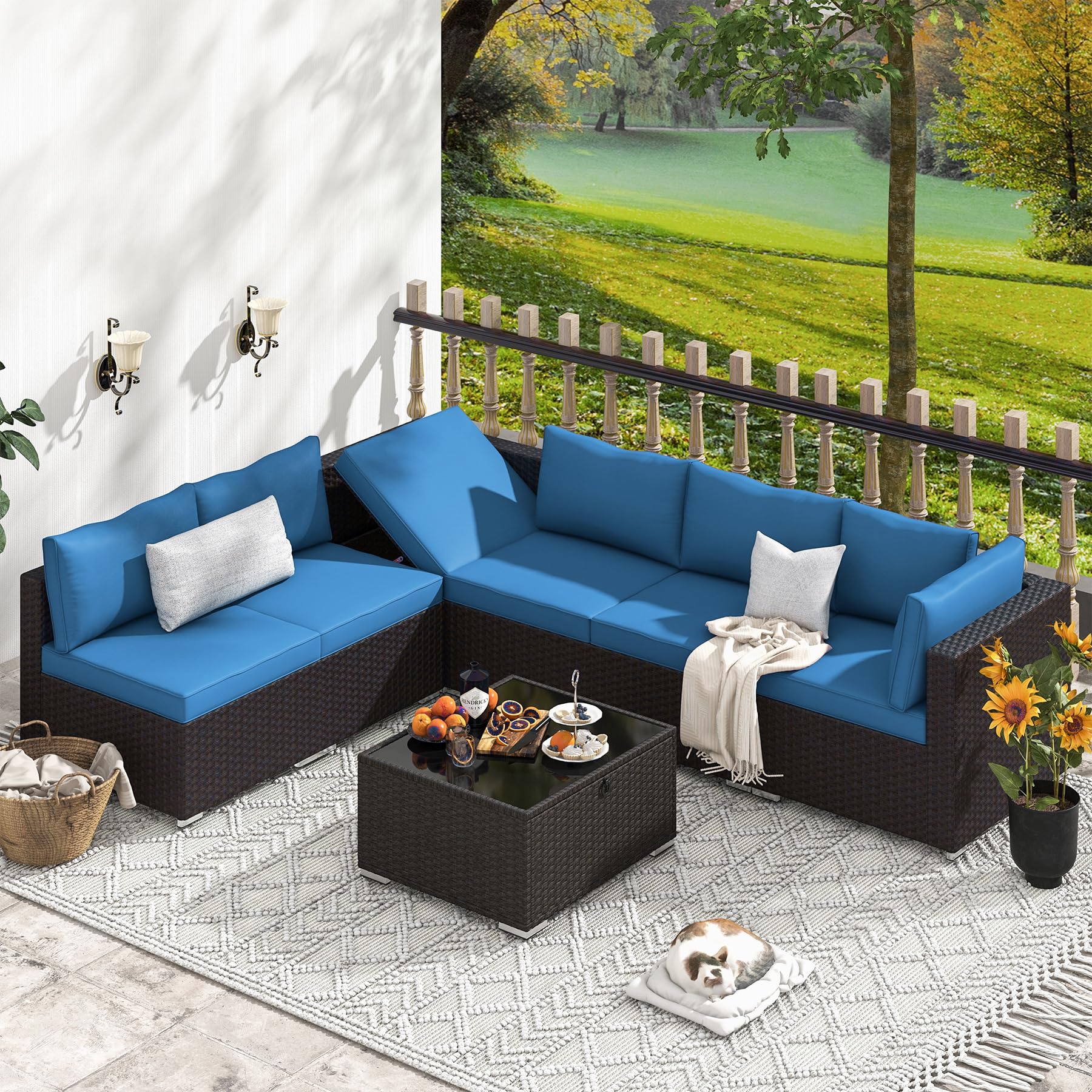 HOMREST 7-Piece All-Weather Wicker Patio Furniture Set with Adjustable Bracket & Coffee Table - Outdoor Conversation Set for Porch, Garden, Backyard (Blue) - Perfect for Relaxing, Entertaining & Outdoor Dining