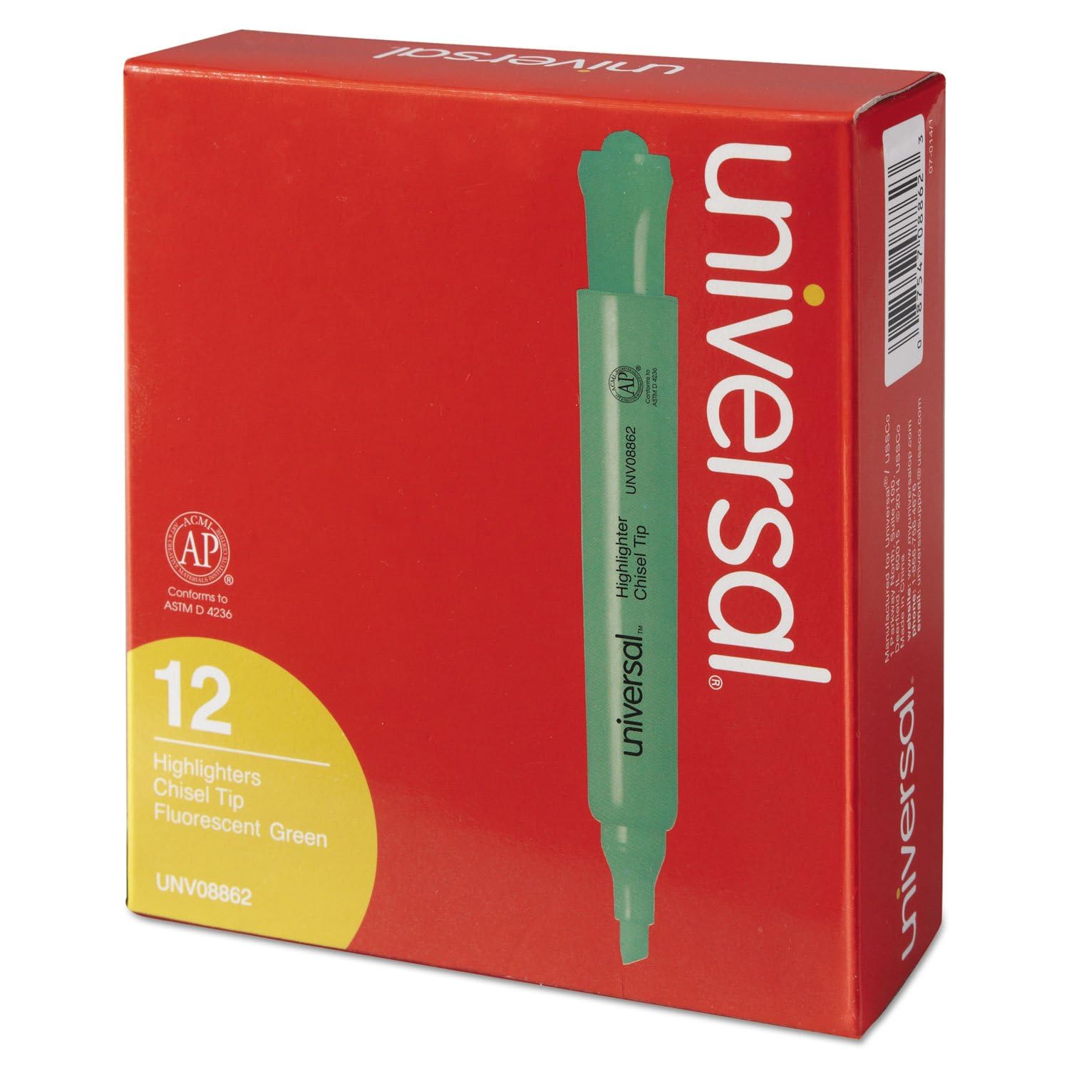 Universal Desk Highlighters - Fluorescent Green Ink, Chisel Tip, Green Barrel (12-Pack) - Perfect for Office, School & Study Note-Taking