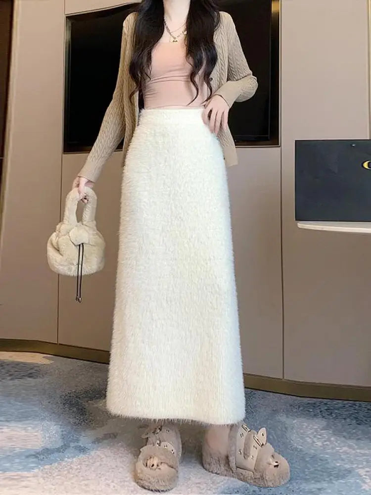 Elegant Black & White Mink Long Skirt for Women - High Waist Elastic French Knit Skirt | Winter 2024 Fashion Trend | Perfect for Vacation, Party & Office Wear