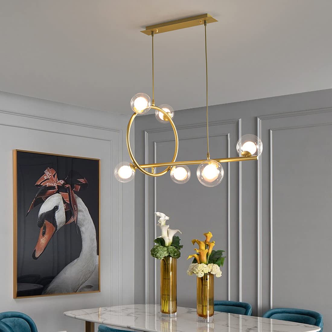 6-Light Modern Gold Linear Glass Chandelier - Ball-in-Ball Molecule Orb Shade Ceiling Pendant Light Fixture for Bedroom, Kitchen, Foyer & Dining Room | Elegant Lighting for Home Decor & Interior Design