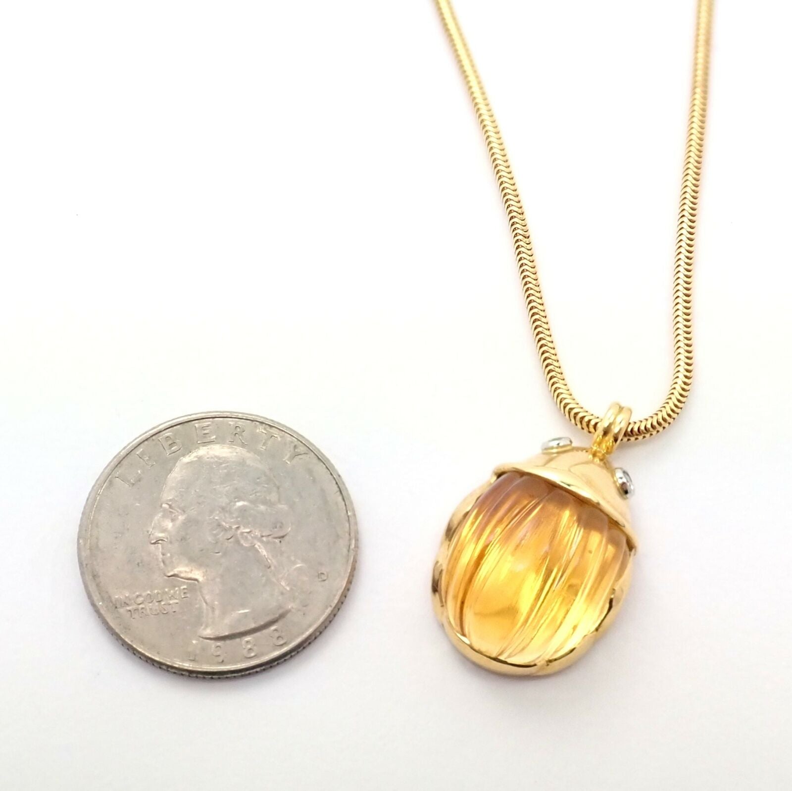 Tiffany & Co Platinum 18k Gold Carved Citrine Diamond Scarab Necklace - Vintage Luxury Jewelry for Women, Perfect for Weddings, Anniversaries & Special Occasions