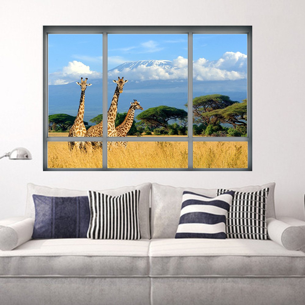 DNVEN 28x20 Inch 3D Fake Window Decal - Realistic Giraffe Animal Wall Sticker for Bedroom, Living Room & Playroom Decor | High Definition Vinyl Mural | Easy Peel & Stick Wall Art for Kids Room & Nursery