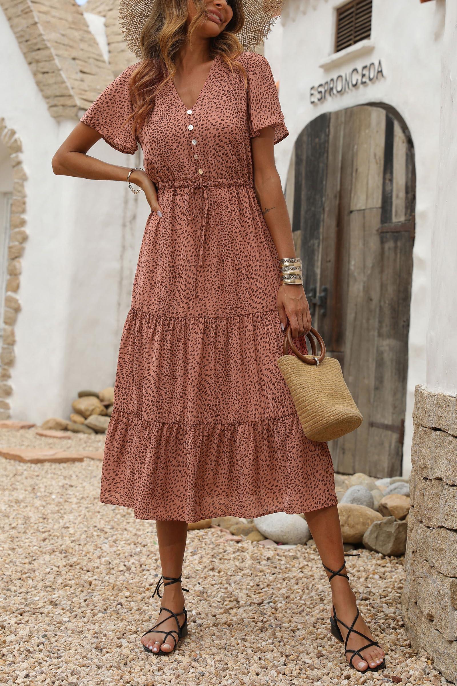 PRETTYGARDEN Women's Floral Maxi Dress - 2025 Summer Casual Short Sleeve V-Neck Tiered Boho Sundress | Perfect for Beach Vacations, Date Nights & Outdoor Parties