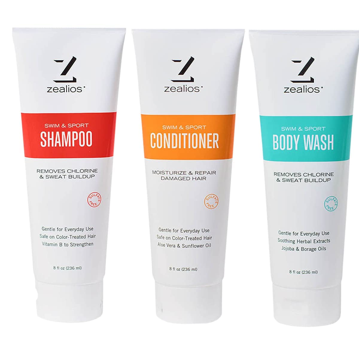 Zealios Swim & Sport Shampoo, Conditioner & Body Wash Set - 8 Oz Each - Moisturizing Formula for Chlorine & Saltwater Protection | Post-Swim Hair & Skin Care for Swimmers, Athletes & Beach Lovers