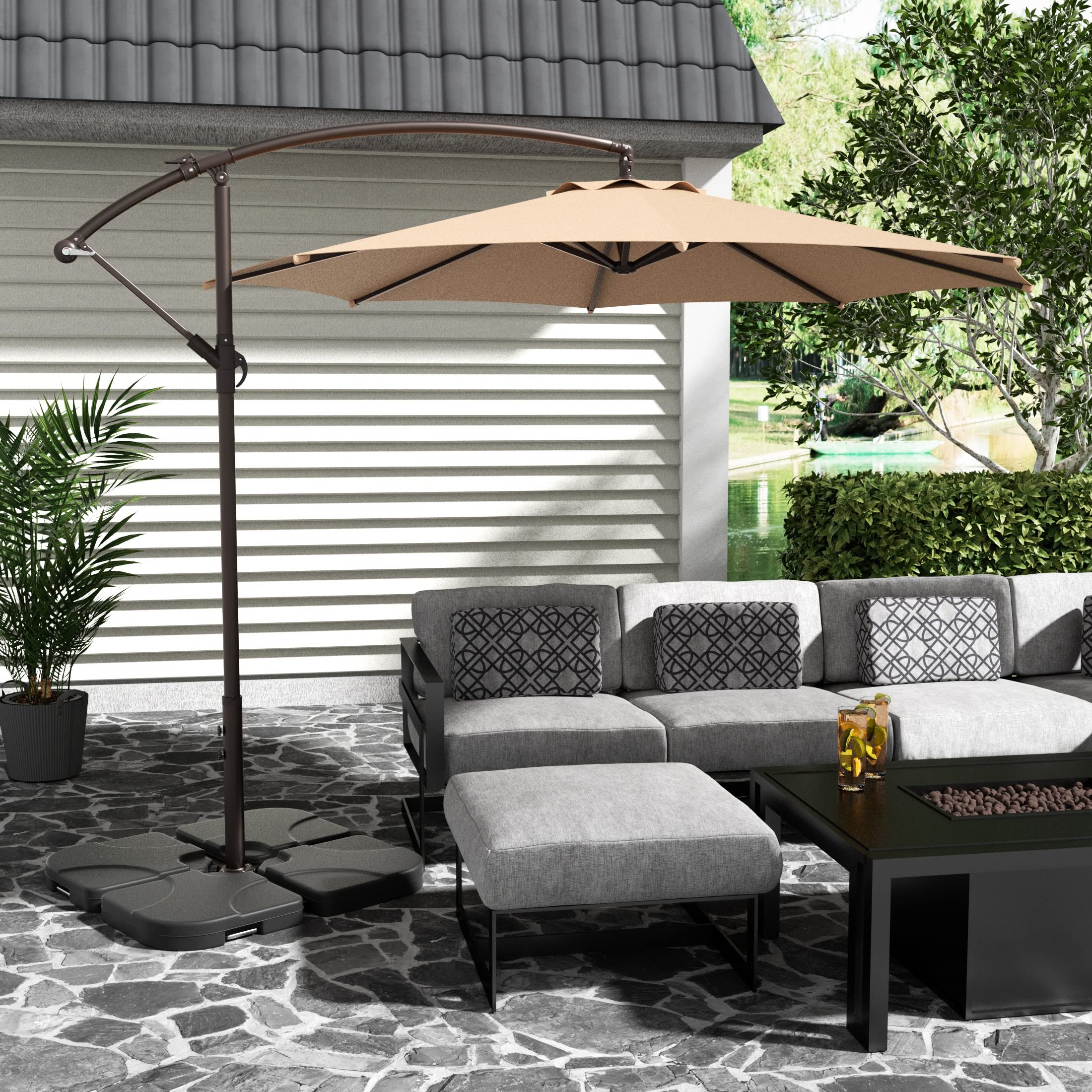 10ft Outdoor Patio Cantilever Umbrella with Stand & Weighted Base - 3-Piece Hanging Shade Kit for Garden, Poolside, and Backyard Relaxation