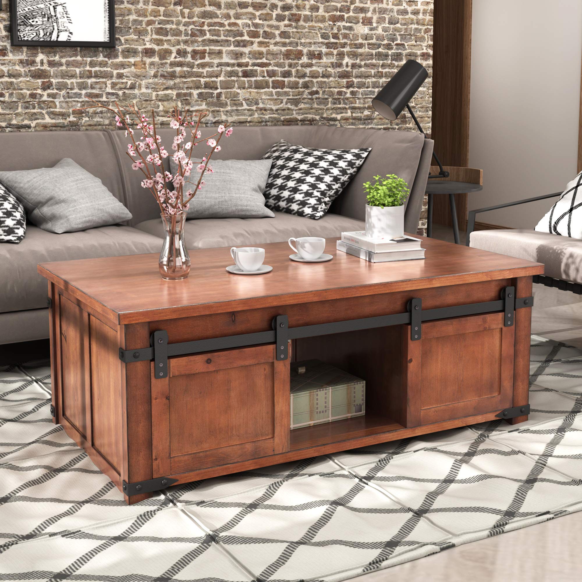 Rustic Industrial Coffee Table with Sliding Barn Doors - Farmhouse Sofa Side Table with Storage Shelf & Cabinets - Cocktail Center End Table for Living Room, Home Decor & Furniture