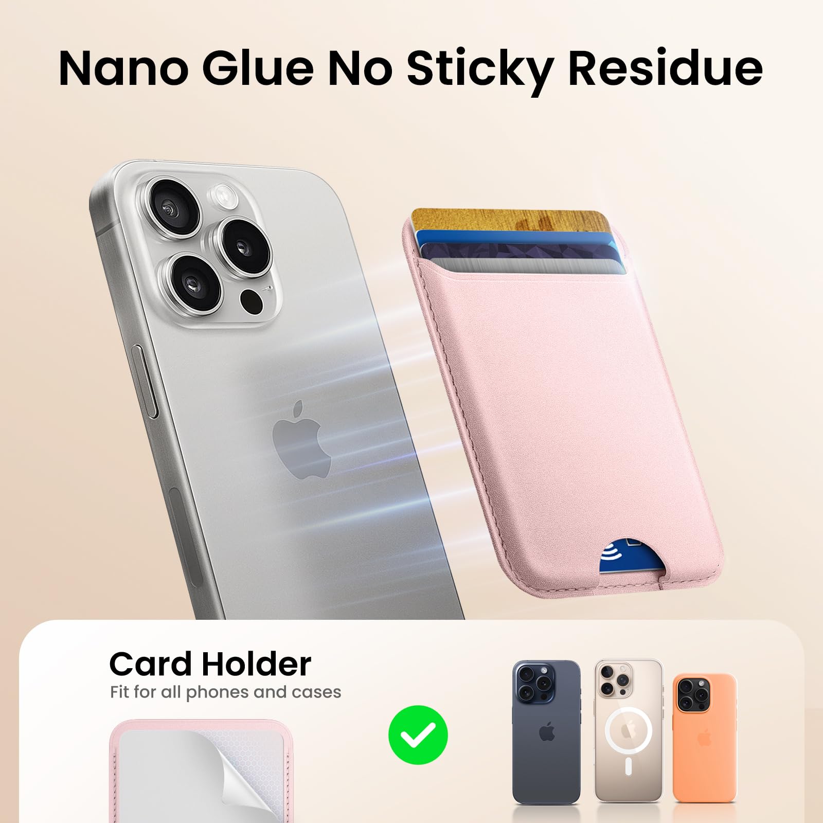 Premium Leather Phone Card Holder Stick On with Strong Adhesive - RFID Blocking Credit Card Wallet for iPhone, Samsung & Android (Holds 4 Cards, Light Pink) - Perfect for Travel, Shopping & Everyday Convenience