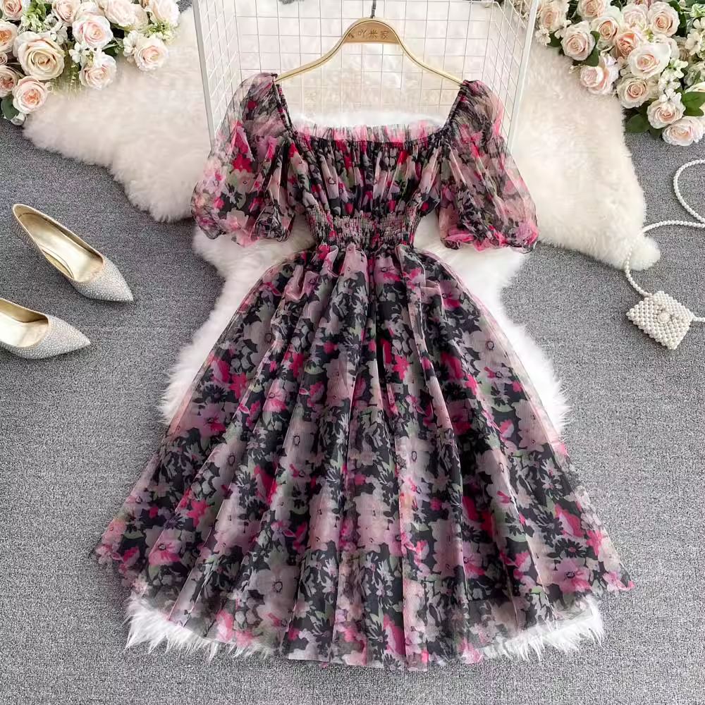 French Square Neck Floral Print Dress - Summer Retro Sweet Chic Women's Dress 1771 | Perfect for Beach Vacations, Garden Parties & Date Nights