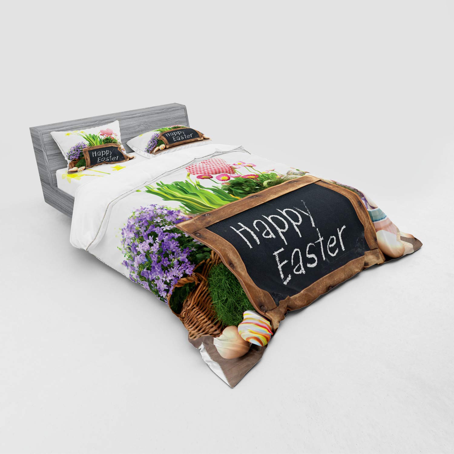 Ambesonne Easter Duvet Cover Set - 4 Piece Queen Size Bedding with Floral Egg & Chalkboard Design on Rustic Wooden Table, Includes Shams & Fitted Sheet - Perfect for Spring Decor, Holiday Guest Rooms & Farmhouse Style Bedrooms