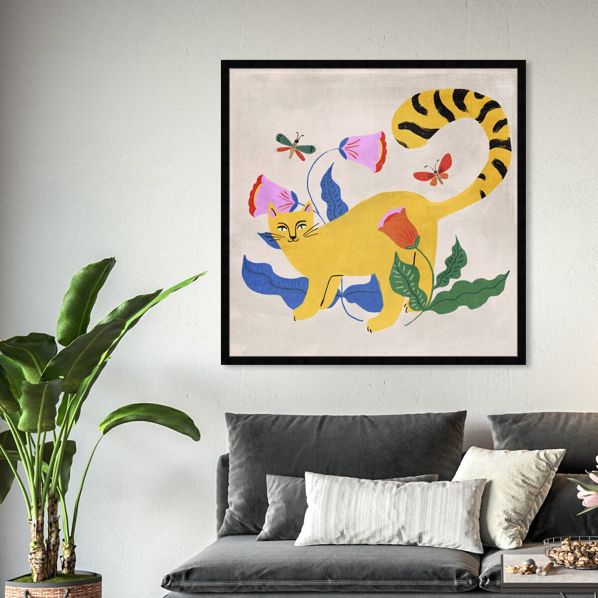 Blonde Tabby Floral Kitten Butterfly Garden Modern Yellow Framed Wall Art Print - Perfect for Bedroom, Nursery & Home Decor