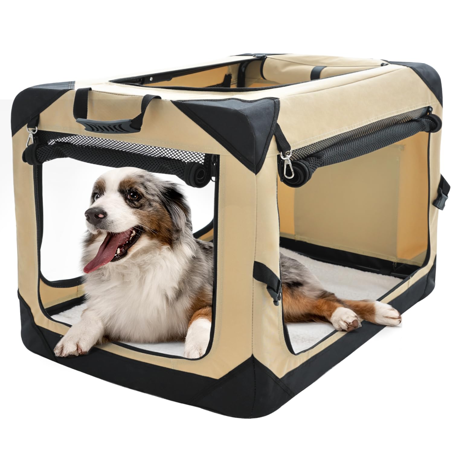 Pettycare 36 Inch Collapsible Dog Crate for Large Dogs - 4-Door Foldable Soft Kennel with Chew Proof Mesh Windows | Indoor & Outdoor Travel Crate for Home, Car, Camping & Vet Visits | Beige Soft-Sided Dog Crate