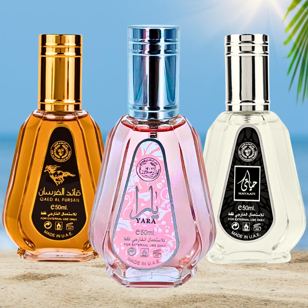 Lattafa Perfumes Yara, Qaed Al Fursan & Hayaati - Eau de Parfum 50ml (1.7 oz) Travel Size Mini Perfume Set, Original Luxury Fragrance for Men & Women - Perfect for Gifts, Travel & Daily Wear