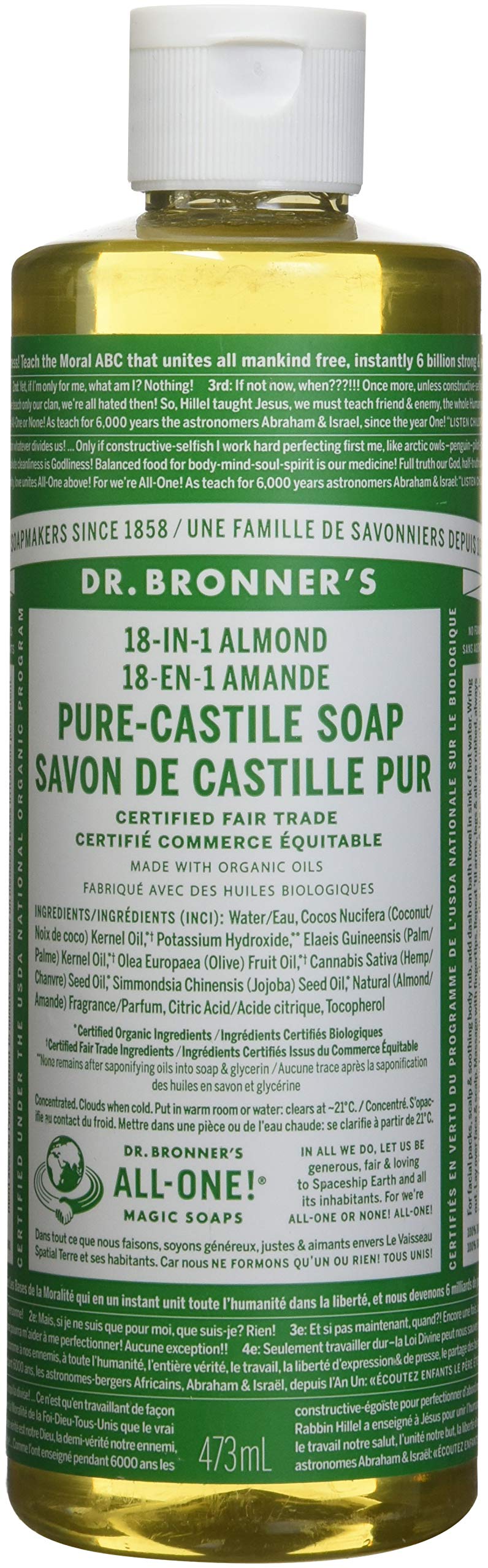 Dr. Bronner's Organic 18-in-1 Hemp Almond Pure-Castile Liquid Soap - 16oz (1 Pound) - Vegan, Cruelty-Free, Multipurpose Soap for Body, Face, Hair & Household Cleaning - Pack of 1 | Perfect for Shower, Bath, Travel & Eco-Friendly Home Use