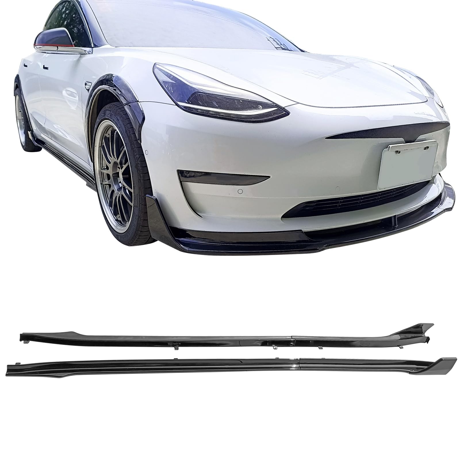 IKON MOTORSPORTS V Style Side Skirts Extension Kit - Gloss Black Rocker Panel for 2017-2025 Tesla Model 3 (6PC PP, Driver & Passenger Side) | Premium Car Body Styling for Enhanced Sporty Look & Road Protection