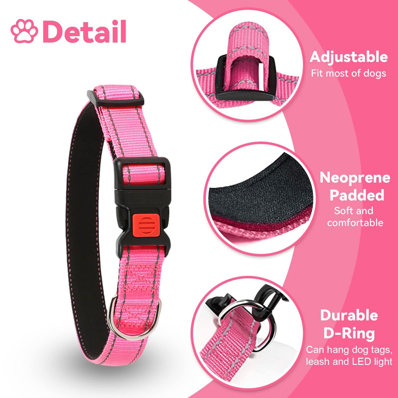 Reflective Adjustable Dog Collar - Ultra Soft Breathable Neoprene Pet Collar with Quick Release Buckle for Small Medium Large Dogs - Perfect for Night Walks, Jogging & Outdoor Adventures