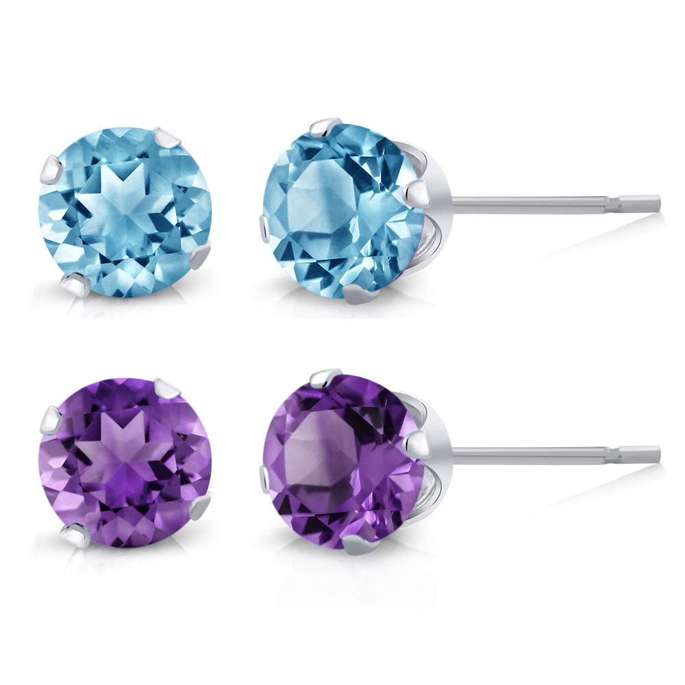 925 Sterling Silver 4MM Purple Amethyst & Blue Topaz Stud Earrings Set for Women & Men | Gem Stone King | Perfect for Gifts, Weddings & Everyday Wear